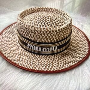 Miu Miu Two-Tone Woven Straw Boater Hat with Logo Band